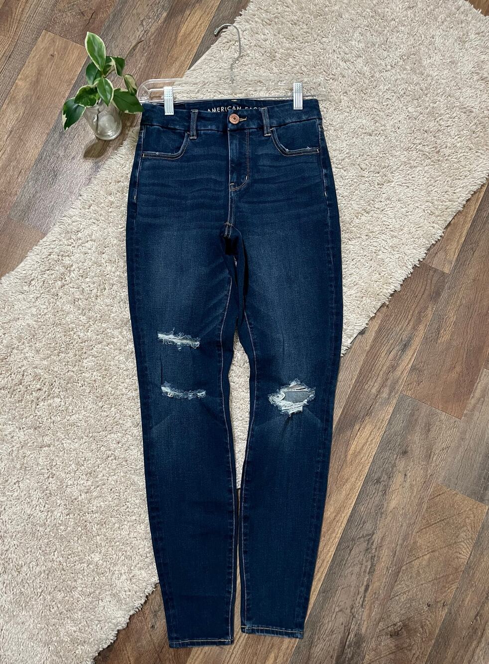 American Eagle 2 Long Dark Wash Distressed Curvy High-Rise Jegging Skinny Jeans